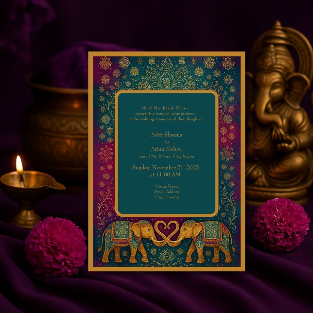 Invitación Elegante Boda del elefante oriental oriental verde (Subido por el creador)