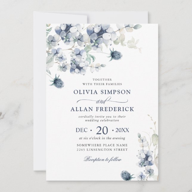 Invitación Elegante Boda del Foliage de Invierno Dusty Blue B (Anverso)