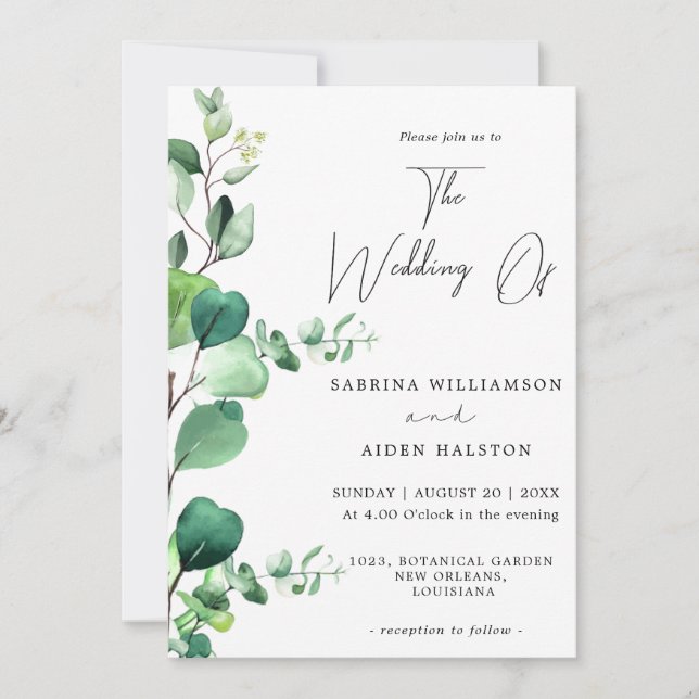 Invitación Elegante Boda del follaje de eucalipto verde sabio (Anverso)