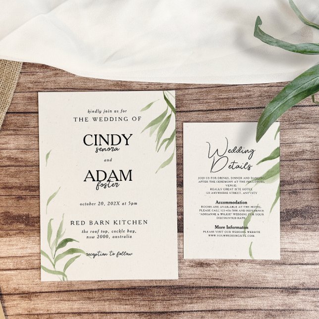 Invitación Elegante Boda del follaje de la vegetación y el po (Subido por el creador)