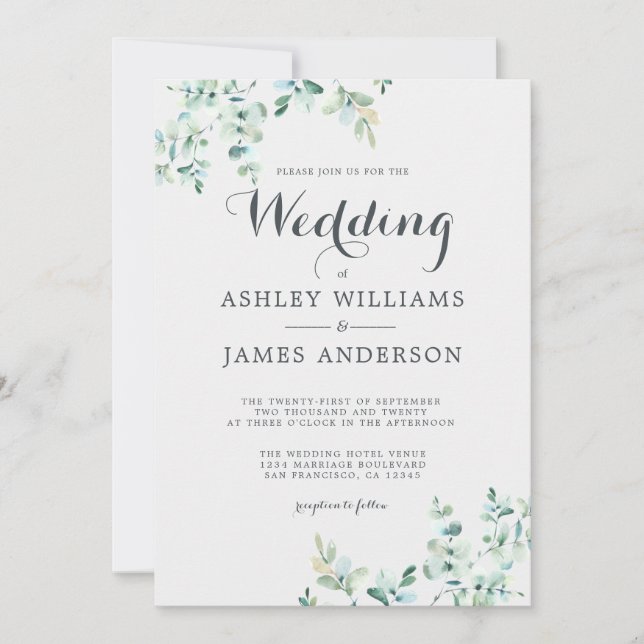 Invitación Elegante Boda del follaje eucalipto moderno (Anverso)