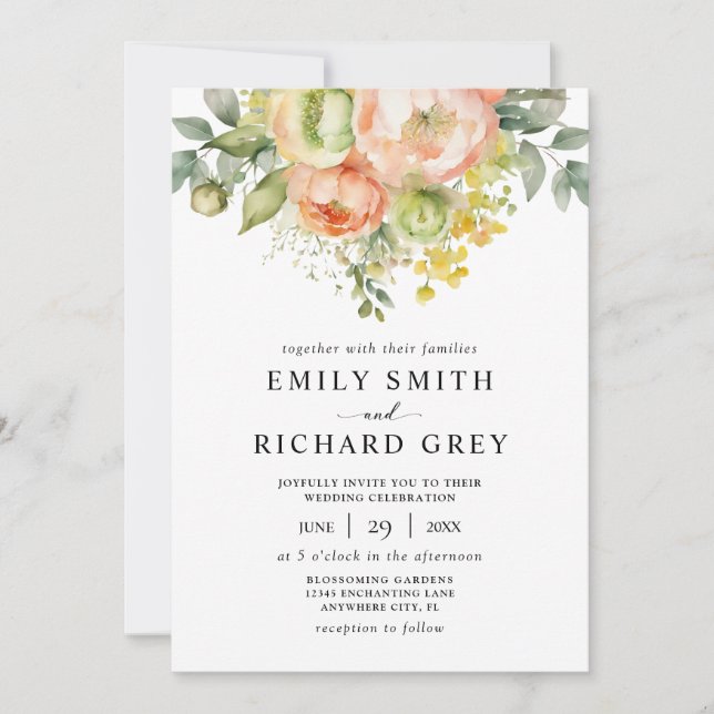 Invitación Elegante Boda del follaje floral Peach & Greenerat (Anverso)