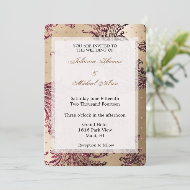 Invitación Elegante Boda del Glam Burgundy Hearts (Anverso de pie)