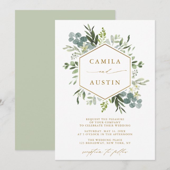 Invitación Elegante Boda del guión de oro de la vegetación (Anverso / Reverso)