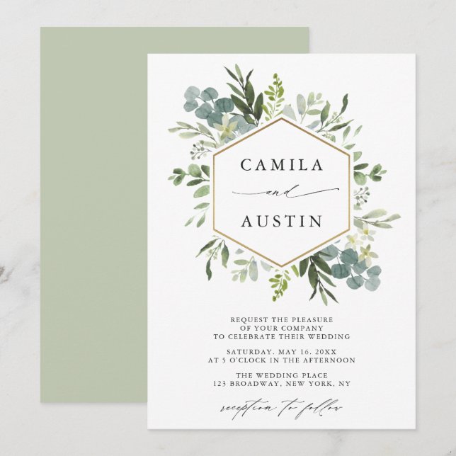 Invitación Elegante Boda del Hexágono de Oro de la Verdor (Anverso / Reverso)