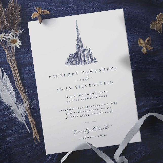 Invitación Elegante Boda del Ilustracion de la Iglesia Vintag (Wedding invitation with beautiful vintage illustration of a church)