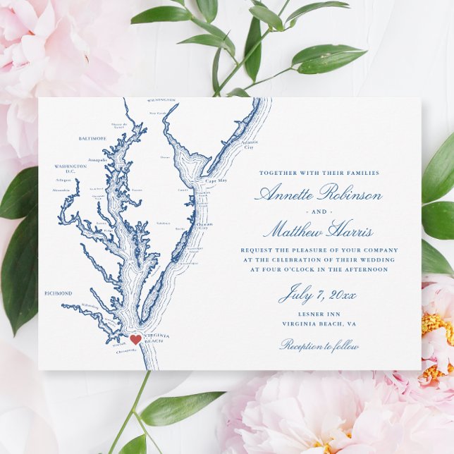 Invitación Elegante Boda del mapa de Virginia Beach (Elegant Virginia Beach map wedding invitation with navy blue script and map of Chesapeake Bay)