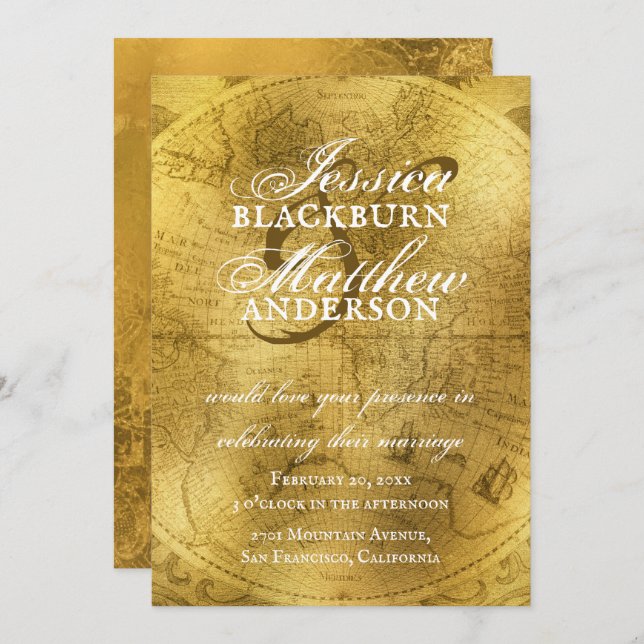 Invitación Elegante Boda del Mapa del Antiguo Mundo Oro (Anverso / Reverso)