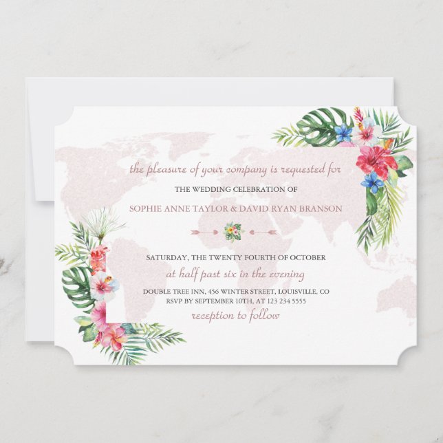 Invitación Elegante Boda del Mapa Mundial de Oro Floral Tropi (Anverso)
