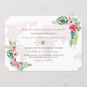 Invitación Elegante Boda del Mapa Mundial de Oro Floral Tropi