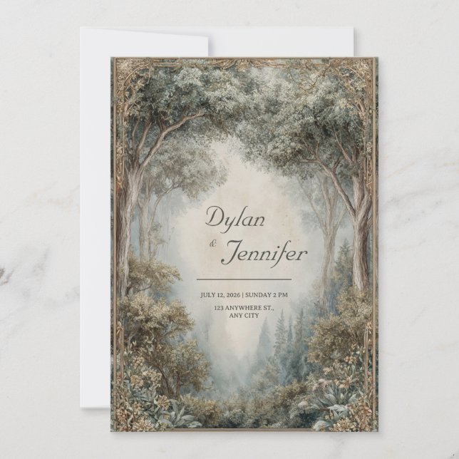 Invitación Elegante Boda del marco de oro del bosque de cosec (Anverso)