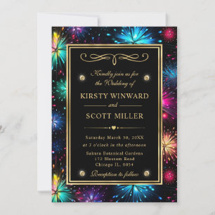 Invitación Elegante Boda del marco dorado de los fuegos artif