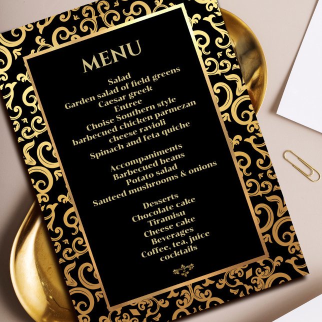 Invitación Elegante Boda del marco dorado Menú de cena (Elegant gold Frame Wedding Dinner Menu Invitation #decorativeframeinvitation #zazzleinvitation #gold)