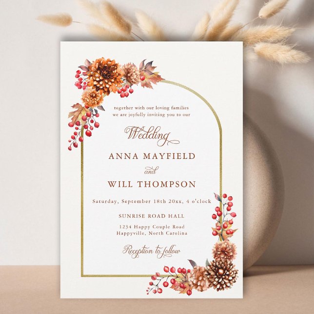 Invitación Elegante Boda del marco floral de oro de otoño (autumn foliage boho gold floral frame wedding invitation terracotta romantic calligraphy modern chic)