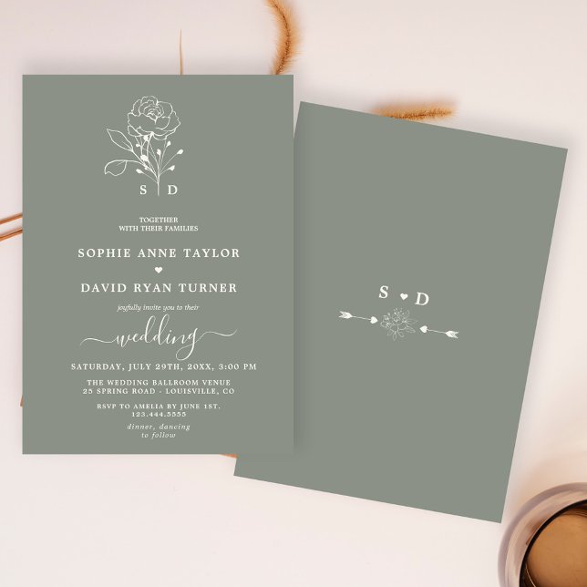 Invitación Elegante Boda del Monograma de Boho Verde Sage Flo (elegant modern trendy wedding invitation, boho sage green wedding invite, spring summer fall wedding)