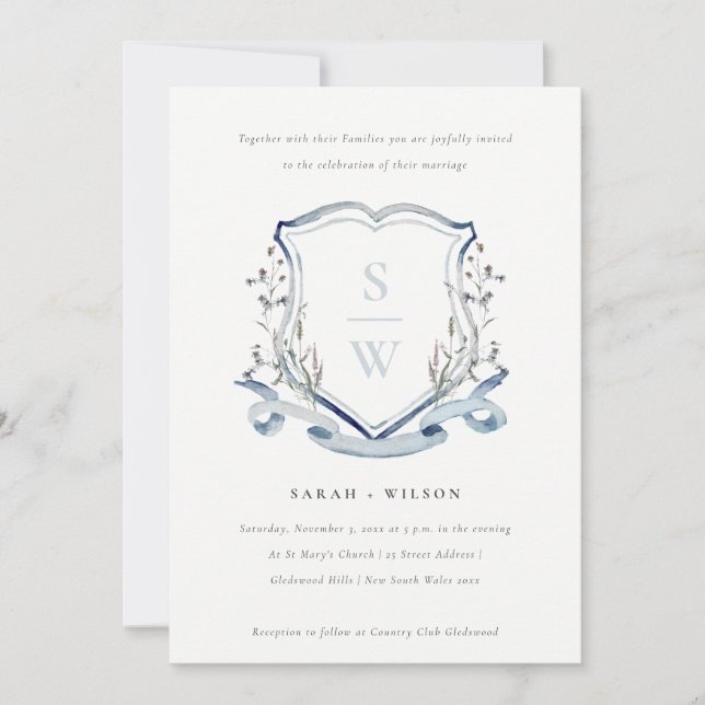 Invitación Elegante Boda del Monograma de Flor Silvestre Azul (Anverso)