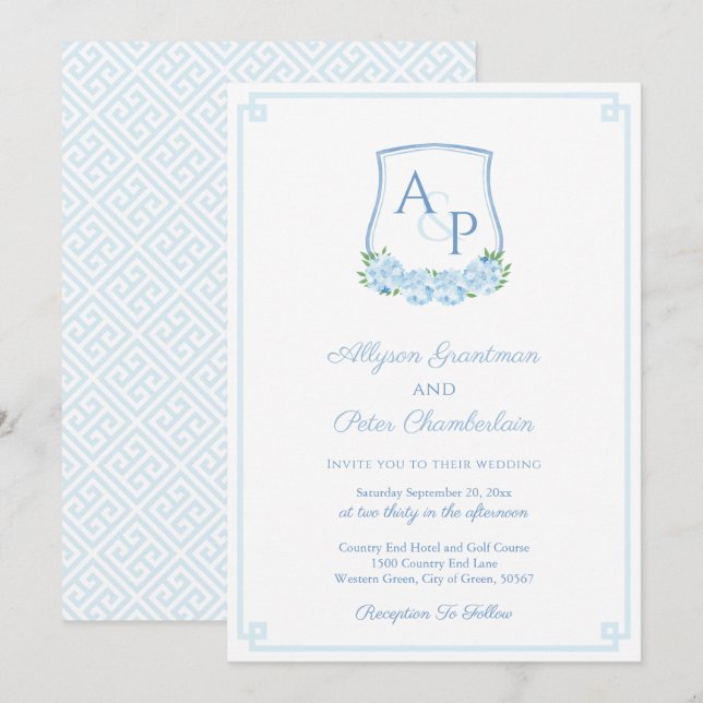 Invitación Elegante Boda del Monograma de Hidrangea Azul Escu