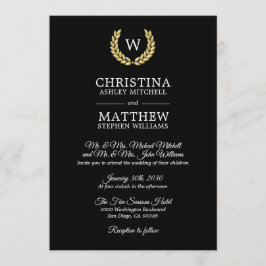 Invitación Elegante Boda del Monograma Laurel Negro Gold