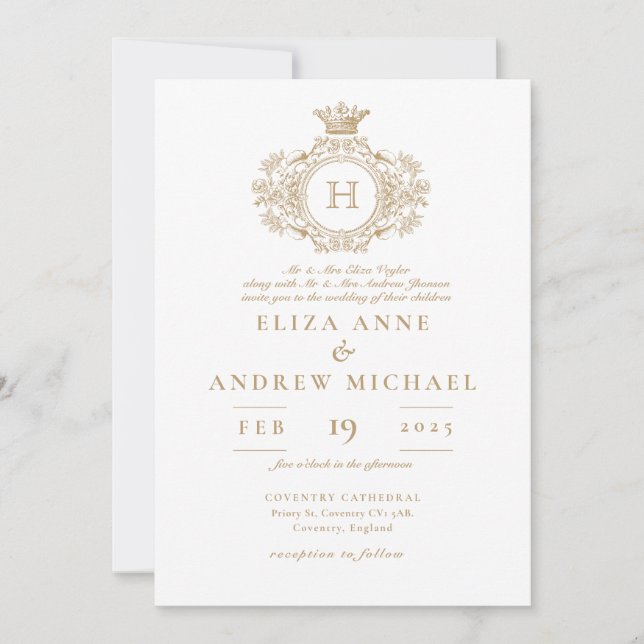 Invitación Elegante Boda del Monograma Real de Oro Escudo (Anverso)