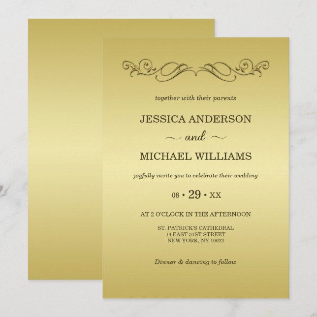 Invitación Elegante boda del Ornate Gold de lujo (Anverso / Reverso)