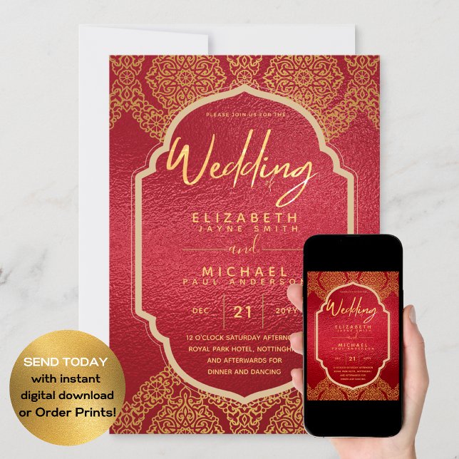 Invitación Elegante Boda del Ornato de Oro Rojo Ruby (Subido por el creador)