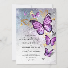 Invitación Elegante Boda del oro y la mariposa púrpura