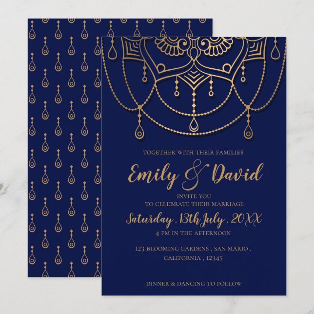 Invitación Elegante Boda del patrón de diseño de oro azul de  (Anverso / Reverso)