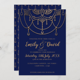 Invitación Elegante Boda del patrón de diseño de oro azul de 
