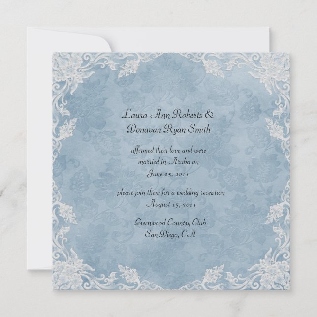 Invitación Elegante Boda del puesto del Damasco Azul Blanco F (Anverso)