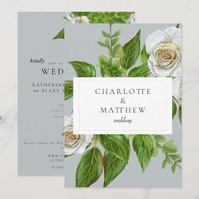 Invitación Elegante Boda del sitio web White Rose Greenery (Anverso / Reverso)