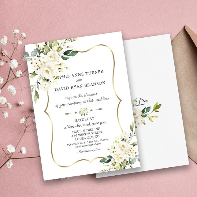 Invitación Elegante Boda Delicado De Flores Blancas De Marco  (#floralgoldwedding #weddinginvitation)