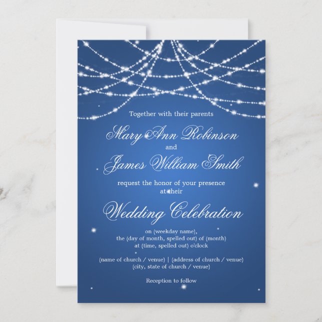 Invitación Elegante boda destellante azul de cuerda (Anverso)