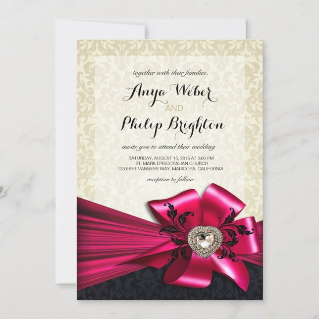 Invitación Elegante Boda Diamante Satin Bow | fucsia de marfi (Anverso)