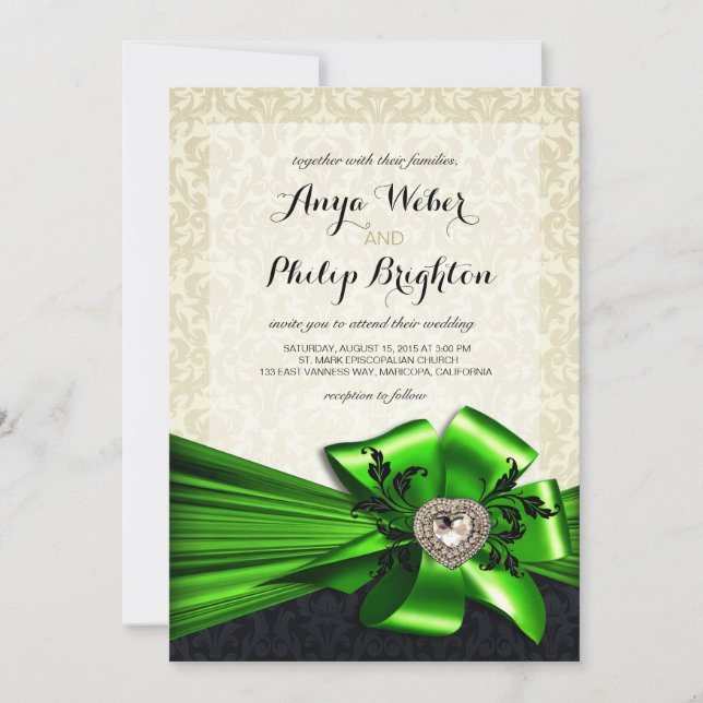 Invitación Elegante Boda Diamante Satin Bow | verde marfil (Anverso)