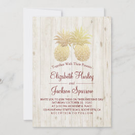 Invitación Elegante Boda Dorada Piña Pareja Rústica Madera