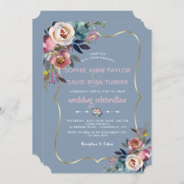 Invitación Elegante Boda dorado azul turbio rosa floral