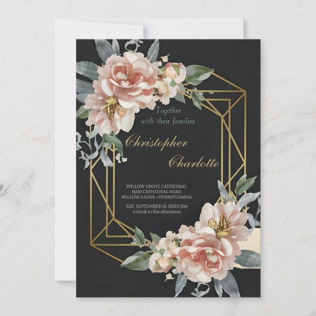 Invitación Elegante Boda dorado borgoñoso rojo y floral negro (Anverso)