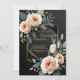 Invitación Elegante Boda dorado borgoñoso rojo y floral negro