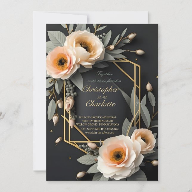 Invitación Elegante Boda dorado borgoñoso rojo y floral negro (Anverso)