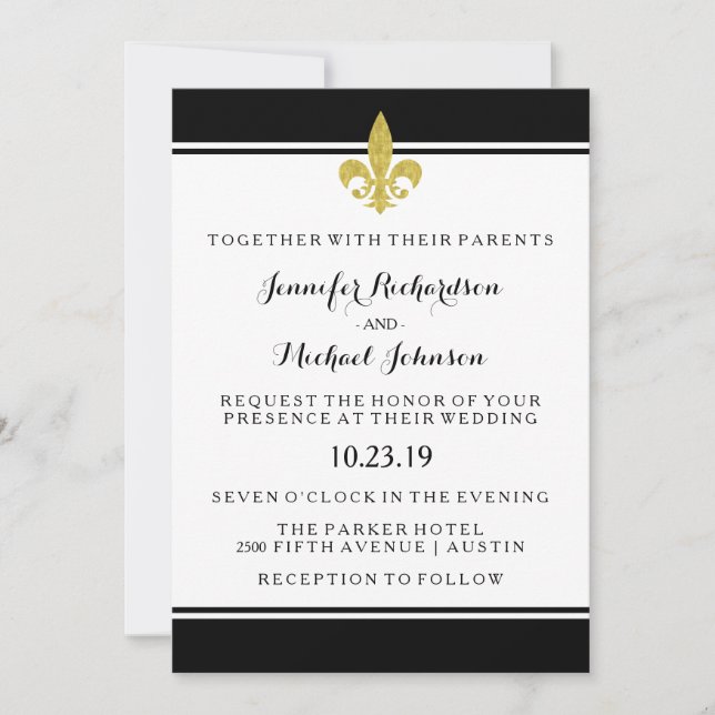 Invitación Elegante Boda dorado de liis negro y blanco (Anverso)