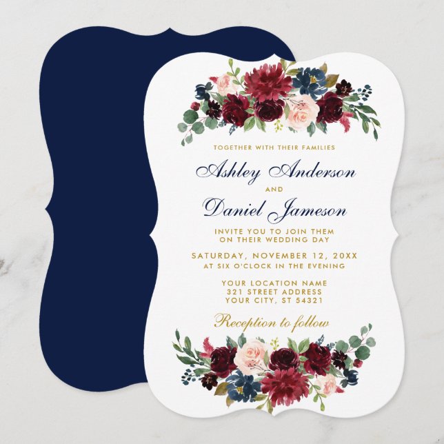 Invitación Elegante Boda dorado floral azul borgoña GB (Anverso / Reverso)