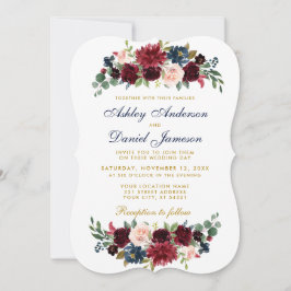 Invitación Elegante Boda dorado floral azul borgoña GB
