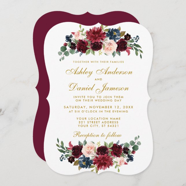 Invitación Elegante Boda dorado floral borgoña azul BR (Anverso / Reverso)