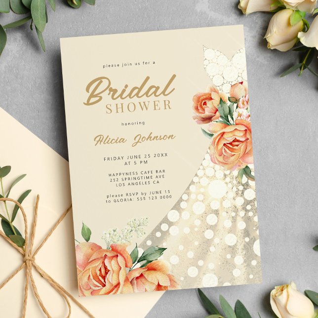 Invitación Elegante boda dorado floral vestido ducha de novia (Subido por el creador)
