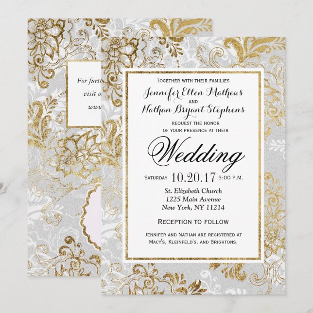 Invitación Elegante Boda dorado plateado y floral gris (Anverso / Reverso)