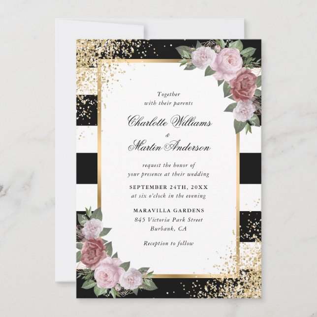 Invitación Elegante Boda dorado rosado Rubor blanco negro (Anverso)