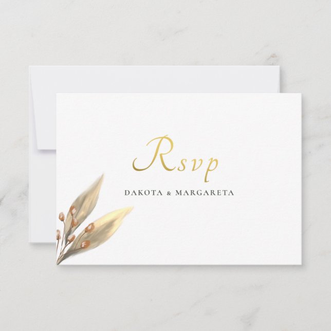 Invitación Elegante boda dorado RSVP de hojas marrones (Anverso)