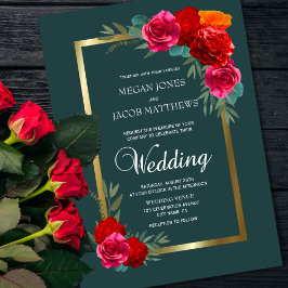Invitación Elegante Boda dorado Verde azulado rojo floral