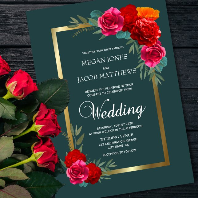 Invitación Elegante Boda dorado Verde azulado rojo floral (Subido por el creador)