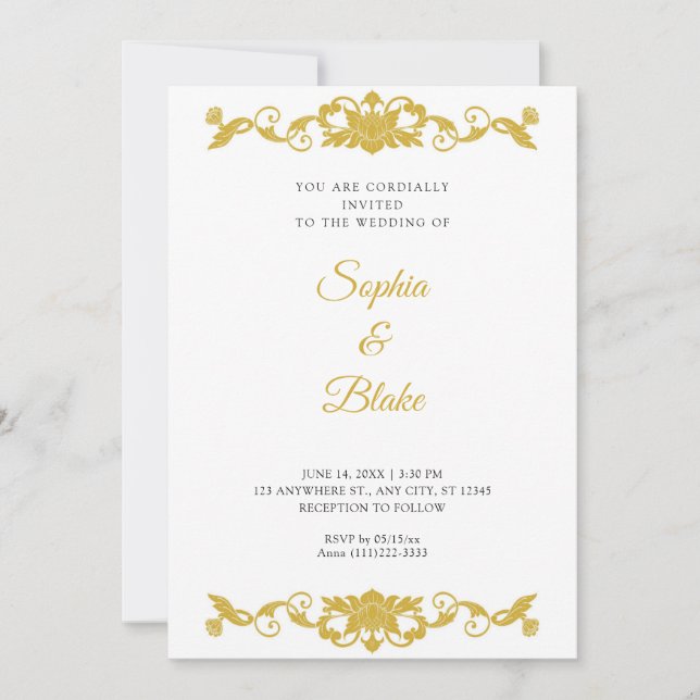 Invitación Elegante Boda dorado y blanco floral Art Deco (Anverso)
